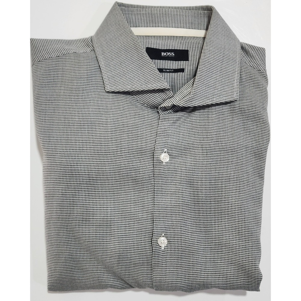 Hugo Boss Men's Grey Check Slim-Fit Spread Collar Dress Shirt Size 16